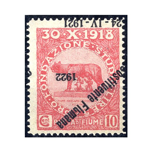 1922, Costituente Fiumana, 10 Cent. carminio con variet? "soprastampa capovolta e fortemente spostata, gomma integra (Sass. 180d / 105,-)