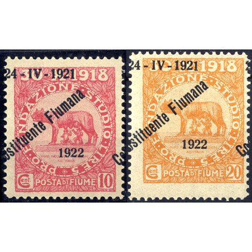 1922, Costituente Fiumana, 10 Cent. carminio + 20 Cent. arancio con variet? "soprastampa spostata lateralmente", gomma integra (Sass. 180k+182k)