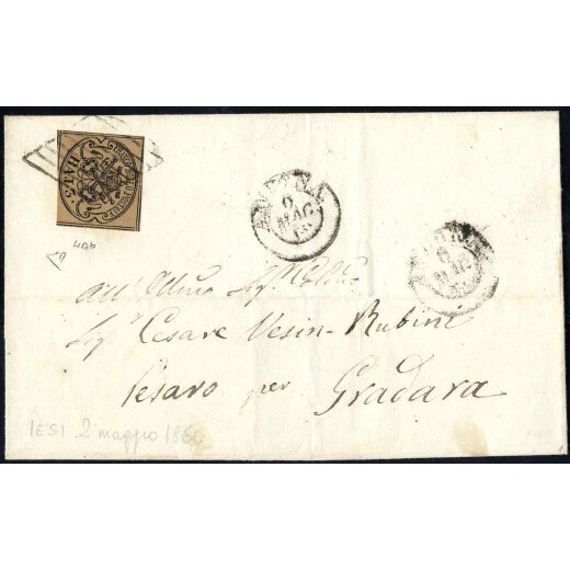 1852, 3 Baj. bruno grigiastro su lettera da Ancona 2.5.1860 per Gradara, firm. A. Diena (Sass. 4Ab / 425,-)
