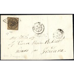 1852, 3 Baj. bruno grigiastro su lettera da Ancona...