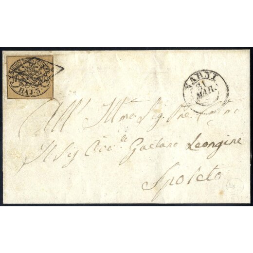 1852, 3 Baj. bistro arancio su lettera da Narni 31.3.1854 per Spoleto (Sass. 4)