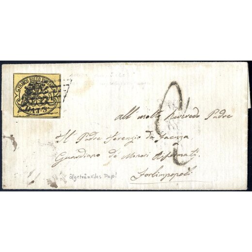 1852, 3 Baj. giallo cromo su lettera da Roma 18.9.1863 per Foligno, splendida, tassa "2" sul fronte (Sass. 4A / 900,-)