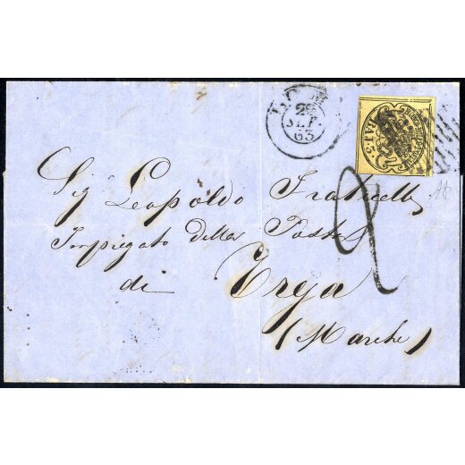 1852, 3 Baj. giallo cromo su lettera da Roma 23.9.1863per Treja, splendida, tassa "2" sul fronte (Sass. 4A / 900,-)