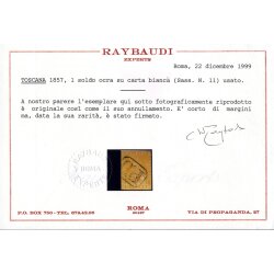 1857, 1 Soldo ocra, usato, difettoso ma di fresco colore, cert. Raybaudi (Sass. 11 / 9000,-)