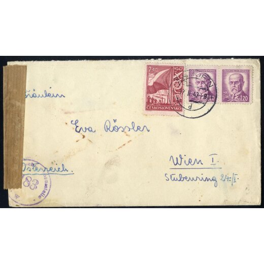 1947, Lot 6 Briefe und 1 Postkarte von Schweden, Tschechoslowakei, Frankreich, Spanien, USA, Australien und Deutschland nach &Ouml;sterreich aus 1946-49 je mit &ouml;sterreichischer Zensur, teils kleine M&auml;ngel.