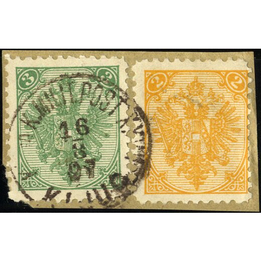 1895, Buchdruck, LZ 10 1/2, 2 Kr. gelb+ 3 Kr. grün auf Briefstück, geprüft Goller, (Mi. 2IIA+3IIA- ANK 3II+4II)