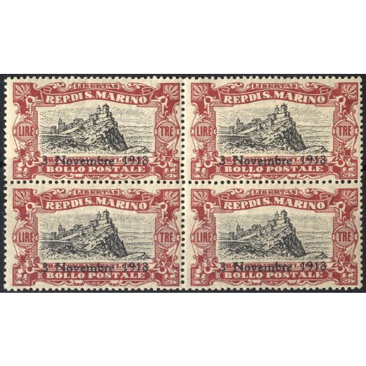 1918, Vittoria, 3 Lire + 5 Cent. carminio e nero, quartina (U. + S. 68 / 240,-)