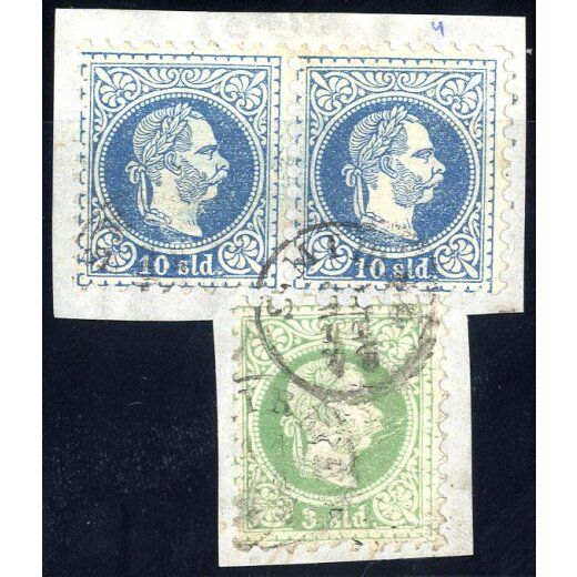 1867, 3 Soldi + Paar 10 Soldi auf Briefstück mit Stempel von Smirne, geprüft Goller (ANK 2I+4I)