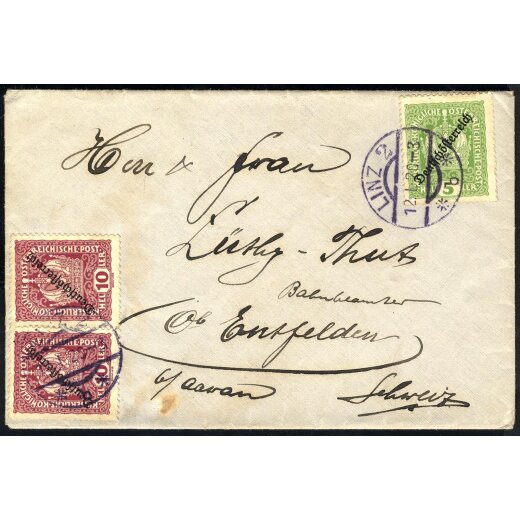 1920, Brief von Linz 12.1.1920 in die Schweiz, Ankunftsstempel r&uuml;ckseitig