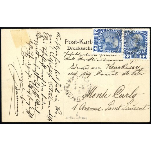 1908, Jubiläum, 25 H. blau, zwei Stück auf Karte vom 12.9.1910 nach Montecarlo (ANK 147)