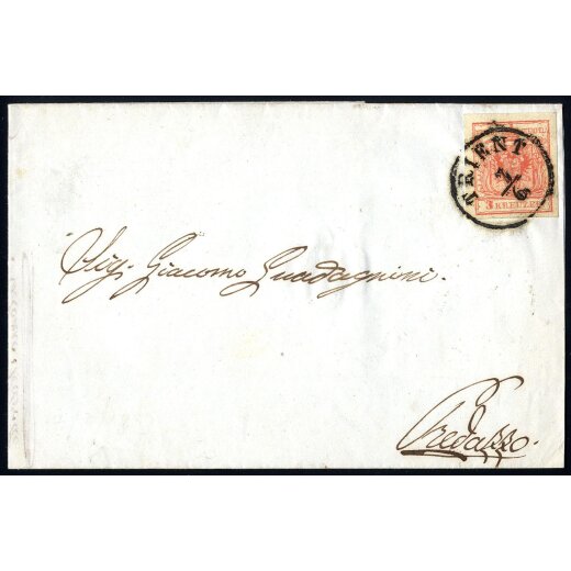 1850, &quot;TRIENT 7 / 6&quot;, Einkreisstempel auf 3 Kr. HPIIIa auf Brief (ohne rechte Seitenklappe) vom 7.6.1853 nach Predazzo (ANK 3HIIIa)