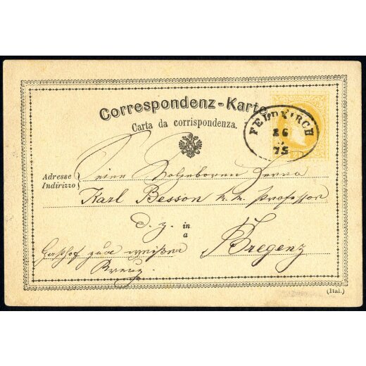 1875, "FELDKIRCH 26 / 3 / 75", Ovalstempel auf Karte 2 Kr. gelb nach Bregenz (mittig abgebogen)