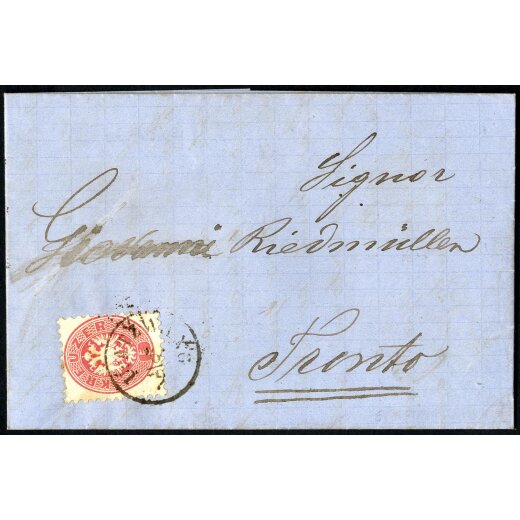 1864, "U. ATZWANG 6 / 9", Einkreisstempel auf 5 Kr. auf Brief von Oberatzwang 6.9.1866 nach Trient (Mü. 3029b / 70P.)