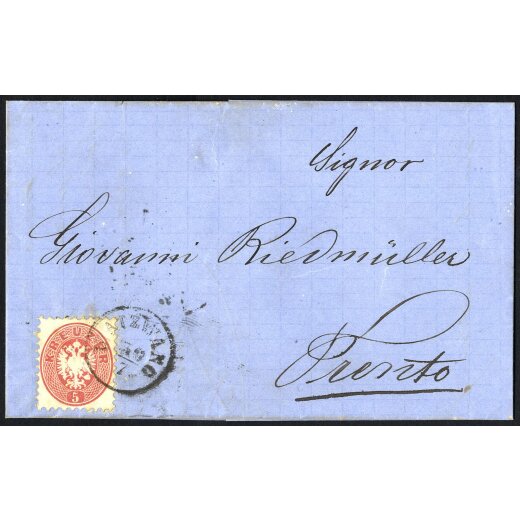 1864, "U. ATZWANG 30 / 7", Einkreisstempel auf 5 Kr. auf Brief von Oberatzwang 30.7.1865 nach Trient (Mü. 3029b / 70P.)
