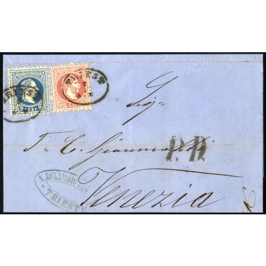 1867, Auslandsbrief von Triest 3.7.1870 nach Venedig mit 5 Kr. rot und 10 Kr. blau frankiert, Langstempel &quot;P. D.&quot; vorne (ANK 37I+38I)