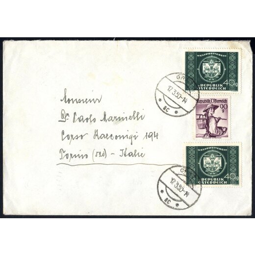 1950, Auslandsbrief von Graz 17.3.1950nach Turin portogerecht für 1,70 Sch. mit ANK 903 + 955 + 955 frankiert, Ankunftsstempel rückseitig