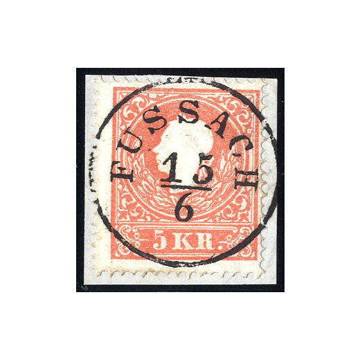 1859, "FUSSACH 15 / 6", Einkreisstempel auf 5 Kr. rot, Type II (Mü. 747a)