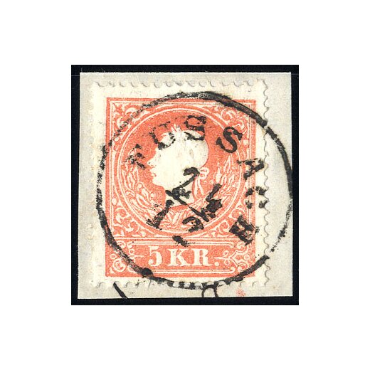 1859, "FUSSACH 24 / 12", Einkreisstempel auf 5 Kr. rot, Type II (Mü. 747a)