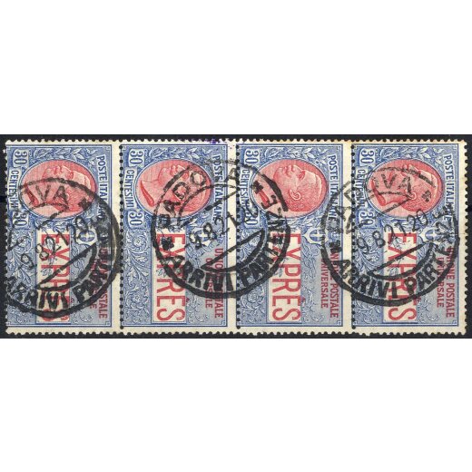 1908, Espressi, 30 Cent. azzurro e rosso, striscia verticale di quattro (S. E2)