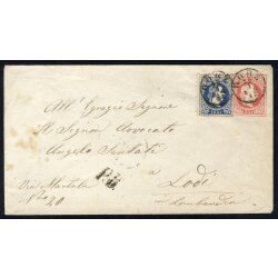 1867, Umschlag 5 Kr. rot mit Zusatzfrankatur 10 Kr. blau...