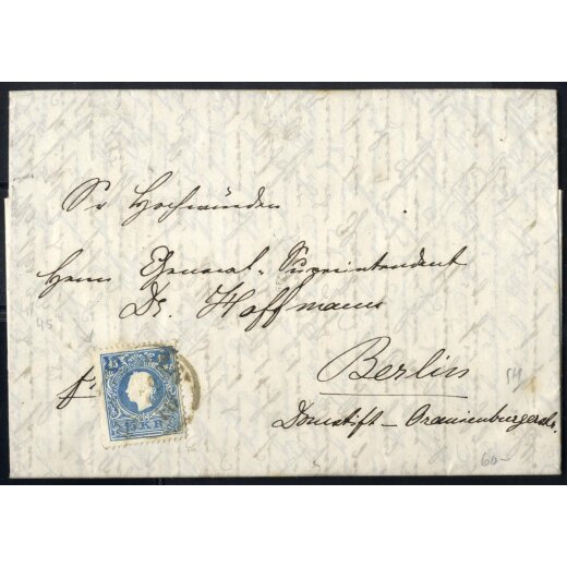 1859, 15 Kr. blau, Type II, auf Brief datiert Belgrad 10.10.1859 in Semlin aufgegeben nach Berlin (ANK 15II)