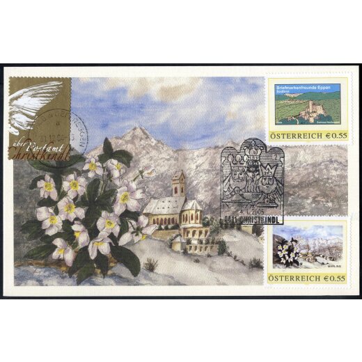 2004, Aquarell-Karte von Marling mit personalisierter Marke 0,55 € Marling und 0,55 € Hocheppan mit Christkindlvignette von St Jakob in Defereggen am 31.12. über Christkindl am 4.1.05 nach Meran