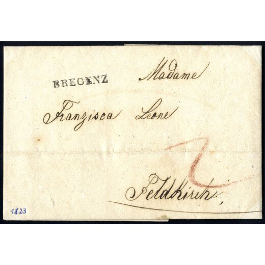 1823, "BREGENZ", Langstempel auf Brief von Lindau 23.11.1823 nach Feldkirch, "Taxe "2" vorne (Mü. 167b)