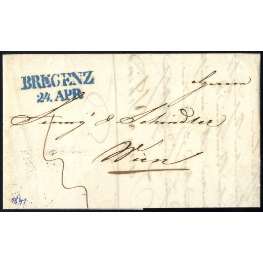 1841, "BREGENZ / 24. APR:", blauer Langstempel auf Brief von Hard nach Wien, Taxe "14" vorne (Mü. 167d)