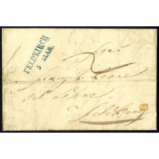 1846, "FELDKIRCH / 5 MAR.", blauer Langstempel auf Brief von Bludenz 3.3.1846 nach Salzburg, Taxe "2" vorne (Mü. 349h)