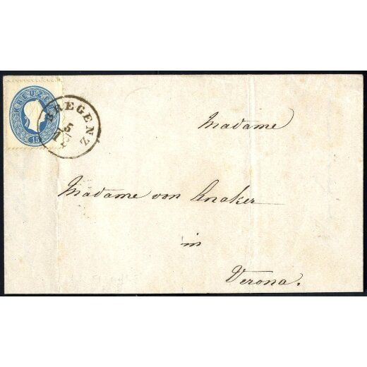 1861, "BREGENZ 5 / 12", Einkreisstempel auf 15 Kr. blau auf Brief nach Verona (Mü. 313d)