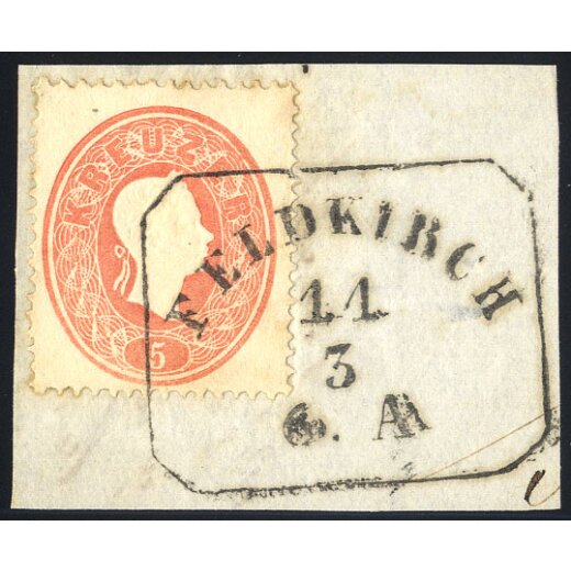 1861, &quot;FELDKIRCH / 11 / 3 / 6. A&quot;, Achteckstempel auf 5 Kr. rot (M&uuml;. 669d)
