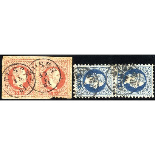 1874, "Stuben", Einkreisstempel auf Paar 5 Kr. auf Briefstück und auf Paar 10 Kr. (ANK 37II, 38II)