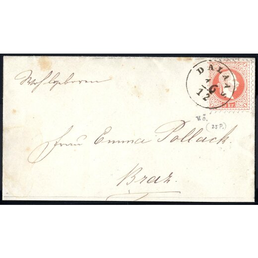 1874, "DALAAS 16 / 12", Einkreisstempel auf 5 Kr., feiner Druck, auf Brief vom 16.12.1882 nach Braz (Ros? 3)