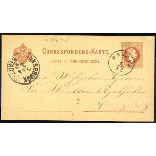 1882, "DALAAS 1 / 12", Einkreisstempel auf Karte 2 Kr. braun nach Innsbruck (Ros? 3)