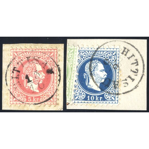 1867/74, "Hittisau", Einkreisstempel auf ANK 37I und auf ANK 38II, je auf Briefstück (Ros? 1)