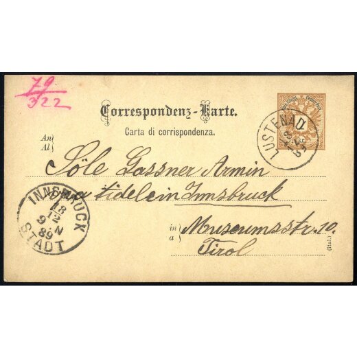1889, &quot;LUSTENAU 18 / 12 / 89&quot;, Einkreisstempel auf Karte 2 Kr. nach Innsbruck (Ros? 2)