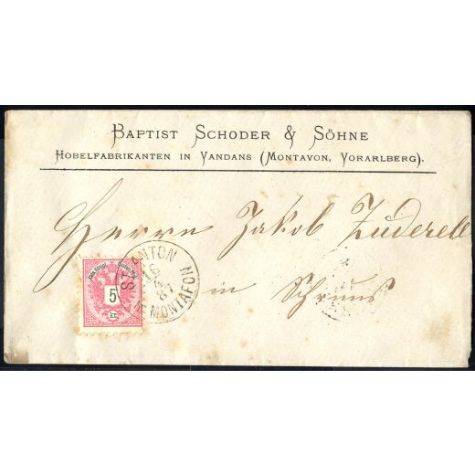 1883, "ST. ANTON IN MONTAFON 16 / 4 / 87", Einkreisstempel auf 5 Kr. auf Brief nach Schruns (Ros? 1)