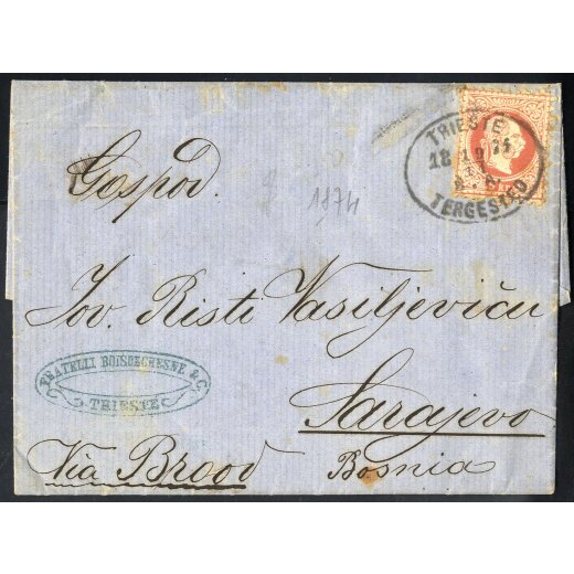 1874, Brief von Triest 19.11.1874 &uuml;ber Brood nach Sarajevo mit 5 Kr. rot frankiert, Bedarfserhaltung (ANK 37II)