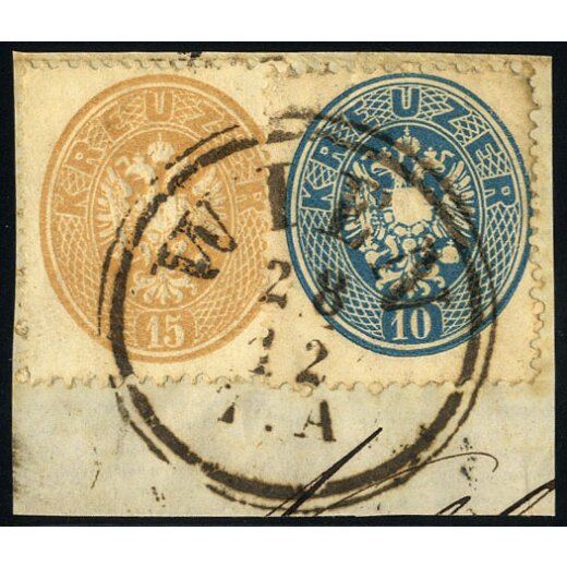 1863, 10 Kr. blau + 15 Kr. braun auf Briefst&uuml;ck (ANK 27+28 - U. 25+26)