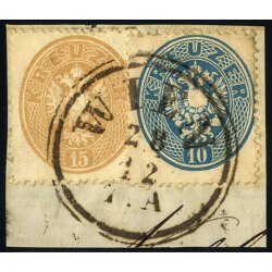 1863, 10 Kr. blau + 15 Kr. braun auf Briefst&uuml;ck (ANK...