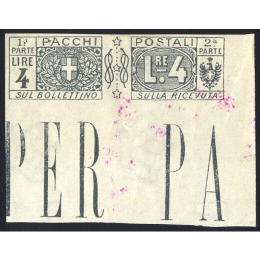1914/22, Non dentellato, 4 Lire, senza gomma, firm. A. Diena (S.15f / 110,-)