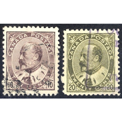 1903/08, Eduard VII, 10 C. purpur und 20 C. bronzegr&uuml;n, Mi. 81,82