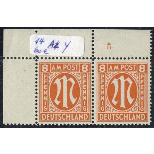 1945, 8 Pf, Bogenrandstück mit Plattennummer, Mi. 14 Ay Pl. Nr. 4 C