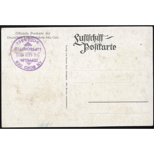 1919, Luftschiff Bodensee, Erinnerungskarte der Fahrt der Reichsmitglieder, mit Bordstempel vom 24.9.1919, Pracht
