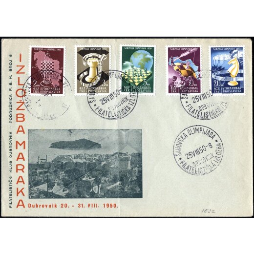 1950, Schacholympiade von Dubrovnik komplett auf Sonderumschlag vom 25.8.1950, entwertet mit dem Sonderstempel der Schacholympiade, Brief in der Mitte senkrecht gefaltet (Mi. 616-20).