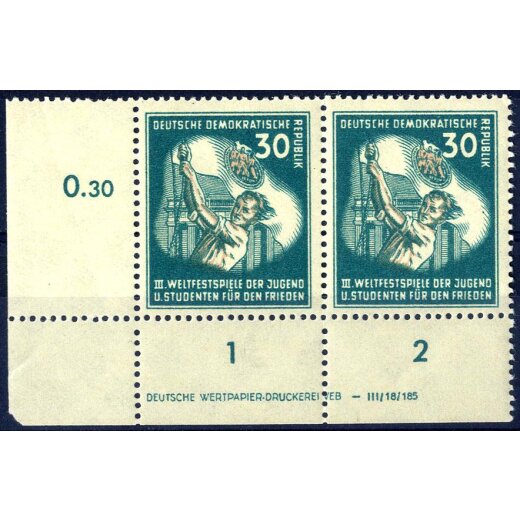 1951, Jugendfestspiele 30 Pf Unterrandpaar mit Druckvermerk,Mi. 291 DV