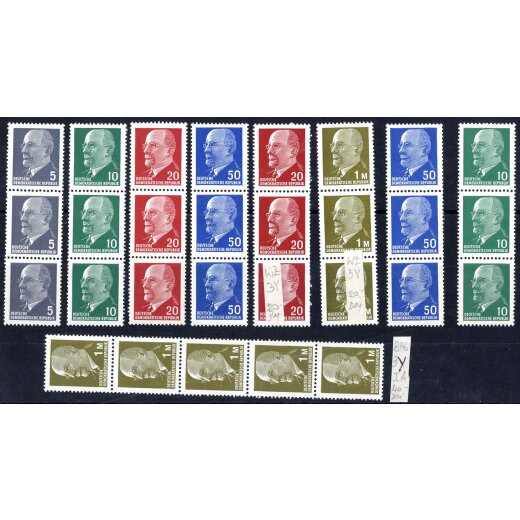1961-1970, Ulbricht, 5,2x10,2x20,2x50 Pf Rollenmarken je im senkrechten Dreierstreifen mit rückseitiger Nummer, dazu 1 M im Dreier- und Fünferstreifen, Mi. 845,846,848,937,1540