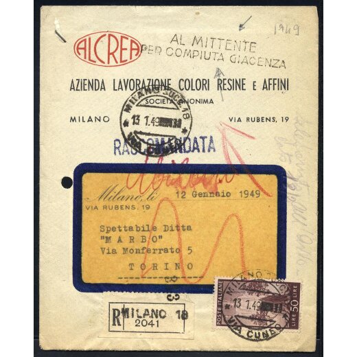 1949, lettera raccomandata da Milano il 13.1.49 per Torino con 50 L. Democratica tornata "al mittente per Compiuta giacenza"