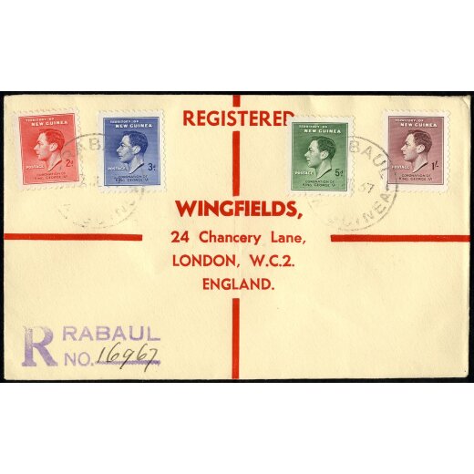 1937, registred letter from Rabaul 17.7.37 to London, SG 208-211 / 23,-