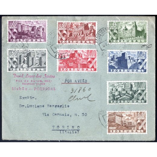 1946, Luftpostbrief von Lissabon nach Turin frankiert durch Serie Burgen, Mi. 693-700